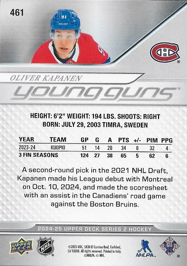 Signed Oliver Kapanen Young Guns 2024-25 UD Montreal Canadiens Rookie Card