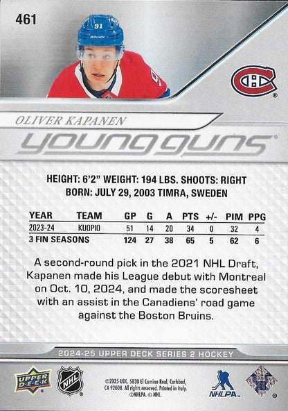 Signed Oliver Kapanen Young Guns 2024-25 UD Montreal Canadiens Rookie Card