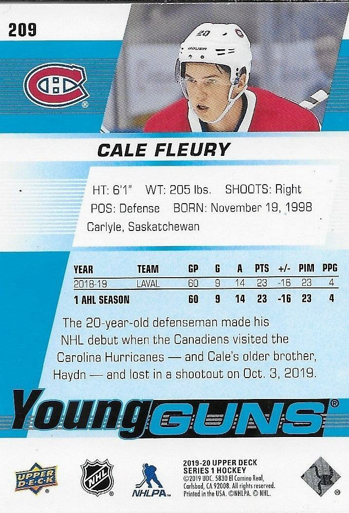 Signed Cale Fleury Young Guns 2019-20 UD Montreal Canadiens Rookie Card