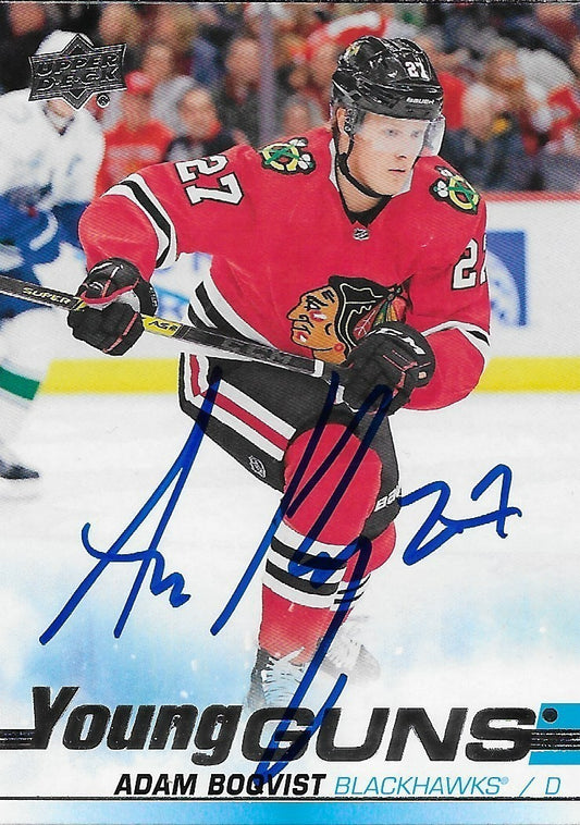 Signed Adam Boqvist 2019-20 UD Chicago Blackhawks Young Guns Rookie Card