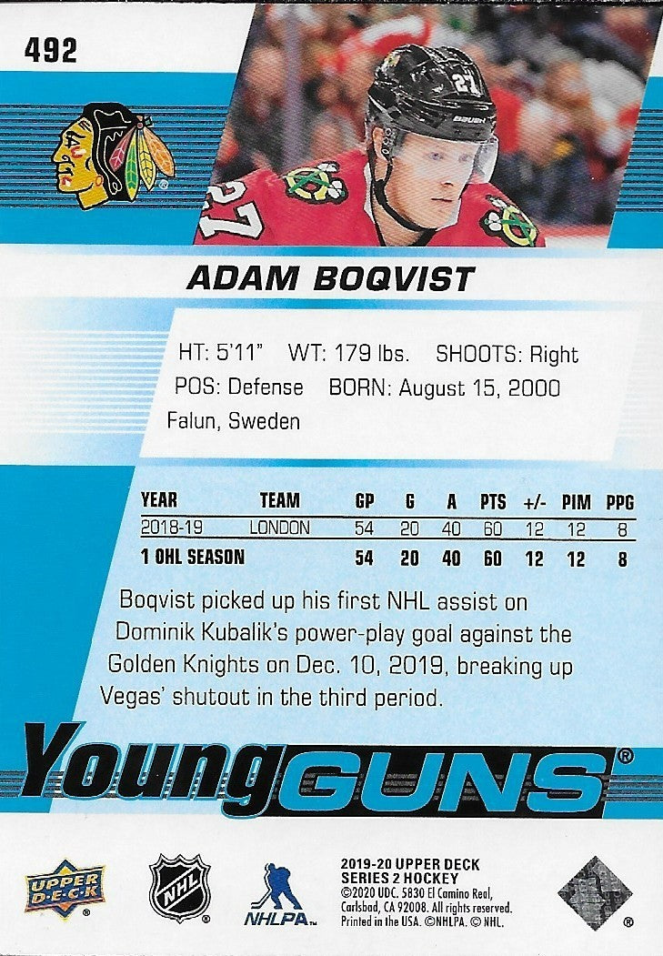 Signed Adam Boqvist 2019-20 UD Chicago Blackhawks Young Guns Rookie Card