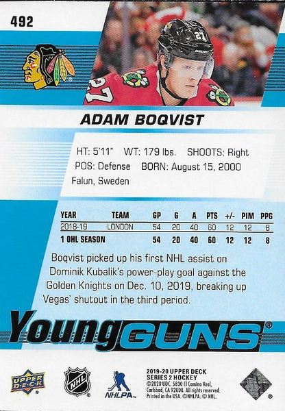 Signed Adam Boqvist 2019-20 UD Chicago Blackhawks Young Guns Rookie Card