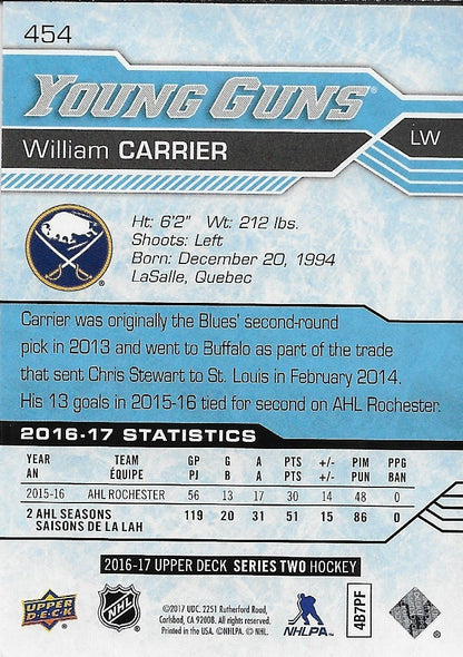 Signed William Carrier Young Guns 2016-17 Upper Deck Buffalo Sabres Rookie Card