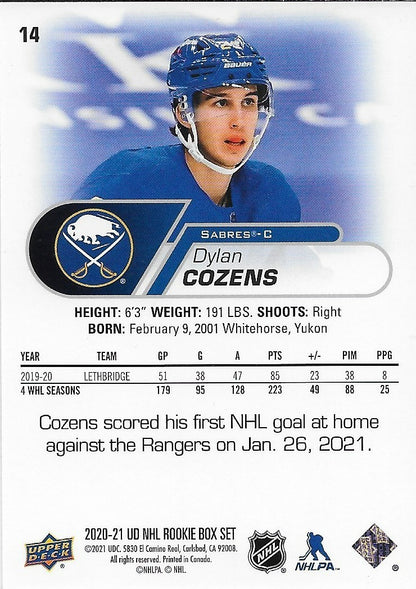 Signed Dylan Cozens 2020-21 UD NHL Rookie Box Set Buffalo Sabre Rookie Card