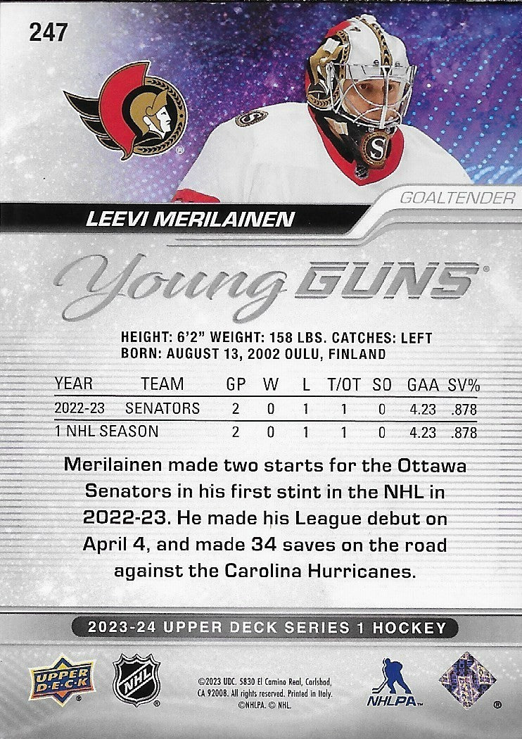 Signed Leevi Merilainen Young Guns 2023-24 UD Ottawa Senators Rookie Card Origin