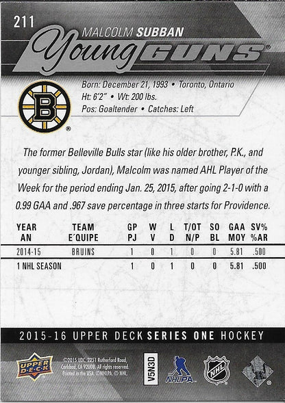 Signed Malcolm Subban Young Guns 2015-16 UD Boston Bruins Rookie Card Origin