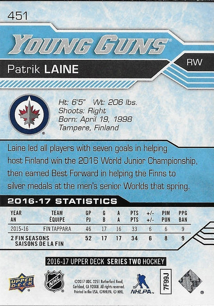 Signed Patrik Laine 2016-17 UD Winnipeg Jets Young Guns Rookie Card