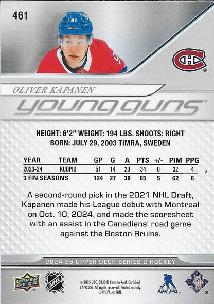 Signed Oliver Kapanen Young Guns 2024-25 UD Montreal Canadiens Rookie Card #2