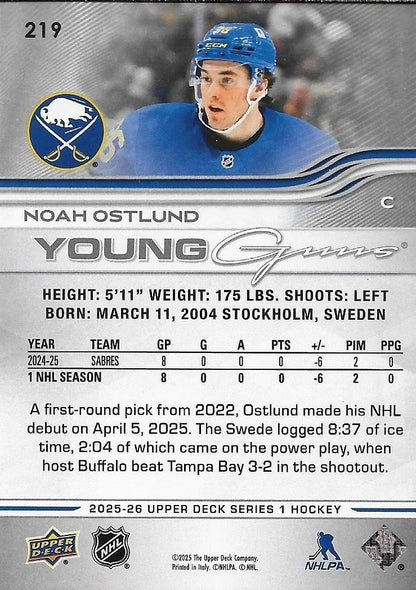 Signed Noah Ostlund Young Guns 2025-26 Upper Deck Buffalo Sabres Rookie Card