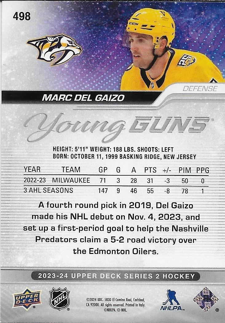 Signed Marc Del Gaizo Young Guns 23-24 Upper Deck Nashville Predators Rookie Crd