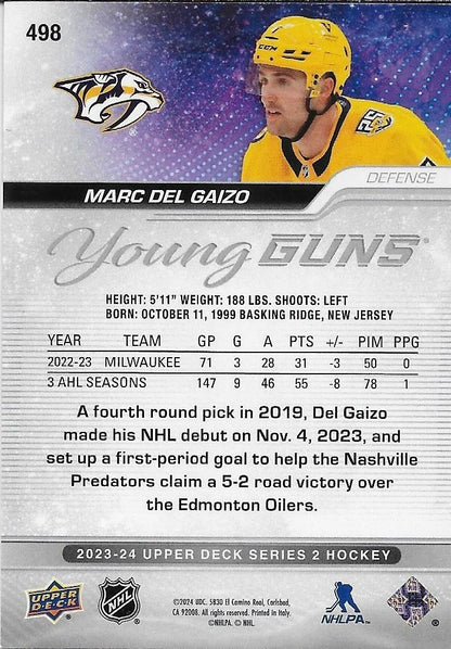 Signed Marc Del Gaizo Young Guns 23-24 Upper Deck Nashville Predators Rookie Crd