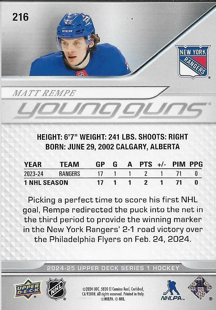 Signed Matt Rempe Young Guns 2024-25 Upper Deck New York Rangers Rookie Card