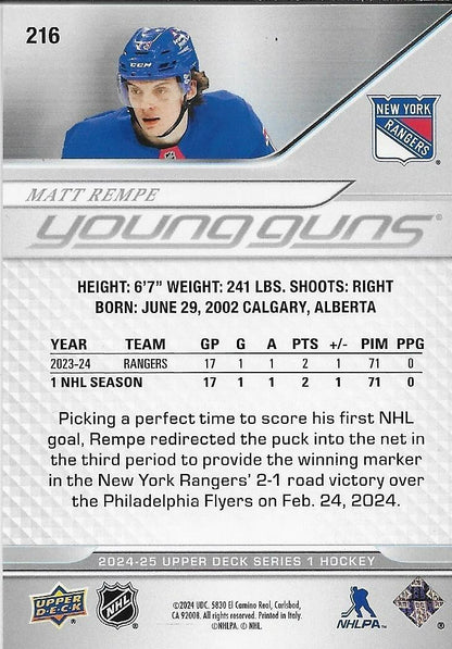 Signed Matt Rempe Young Guns 2024-25 Upper Deck New York Rangers Rookie Card
