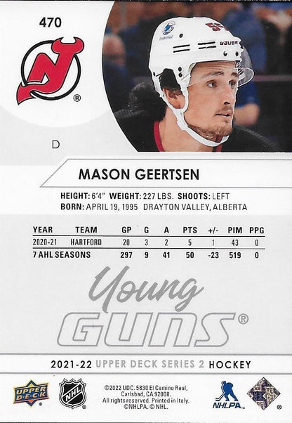Signed Mason Geertsen Young Guns 2021-2022 UD New Jersey Devils Rookie Card