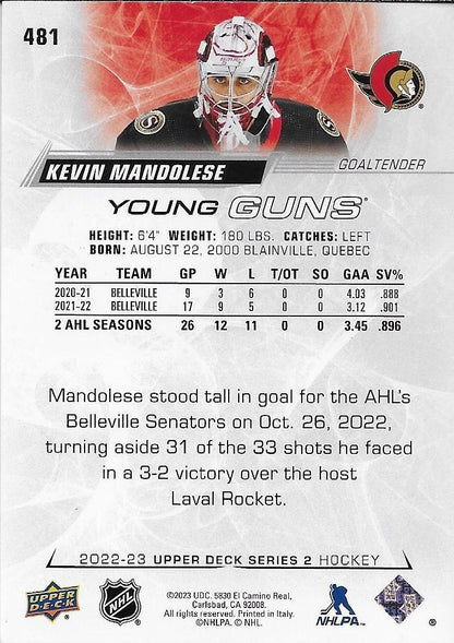 Signed Kevin Mandolese Young Guns 2022-23 Upper Deck Ottawa Senators Rookie Card