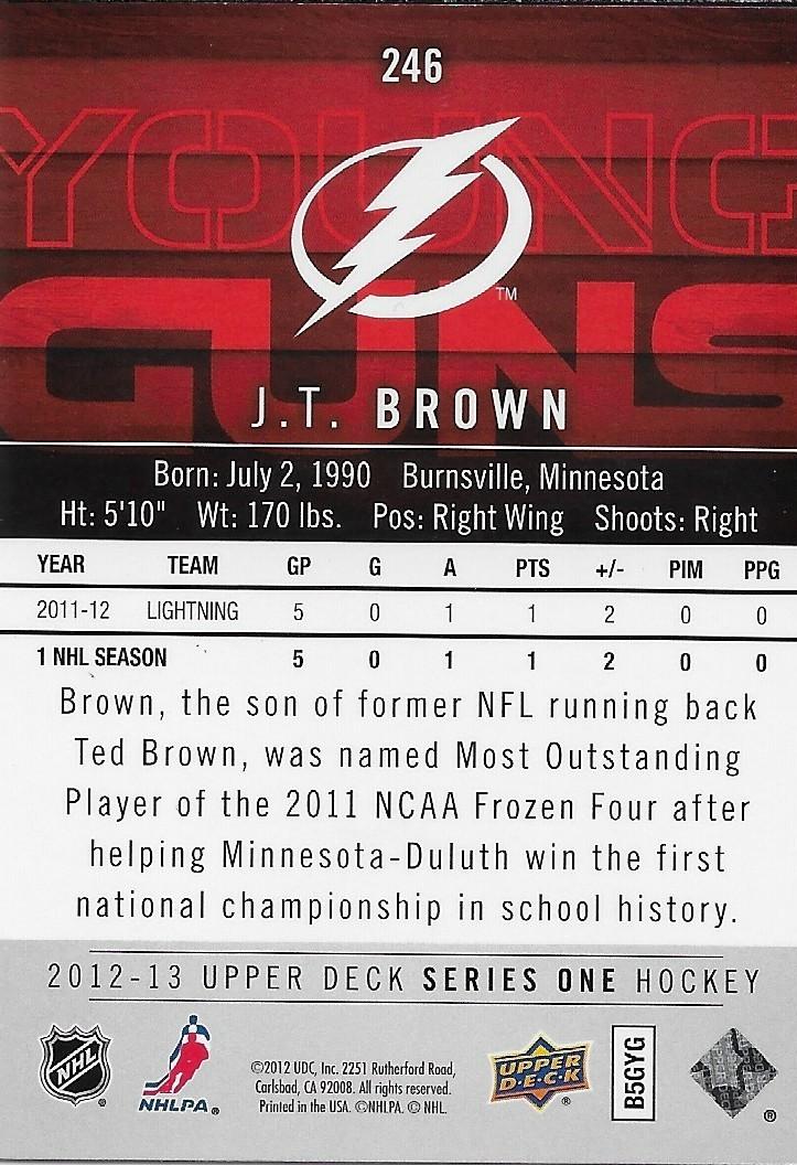 Signed J.T. Brown Young Guns 2012-13 Upper Deck Tampa Bay Lightning Rookie Card