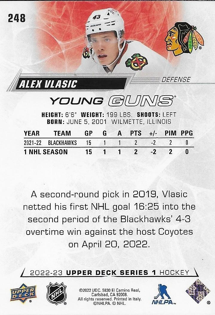 Signed Alex Vlasic Young Guns 22-23 UD Chicago Blackhawks Rookie Card