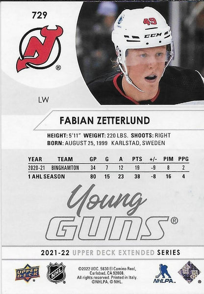 Signed Fabian Zetterlund Young Guns 2021-22 UD New Jersey Devils Rookie Card