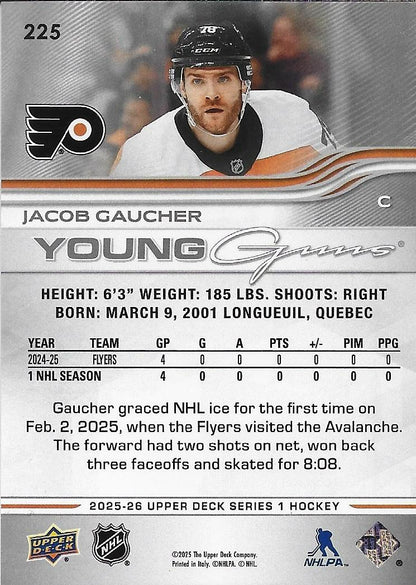 Signed Jacob Gaucher 2025-26 UD Young Guns Philadelphia Flyers Rookie Card