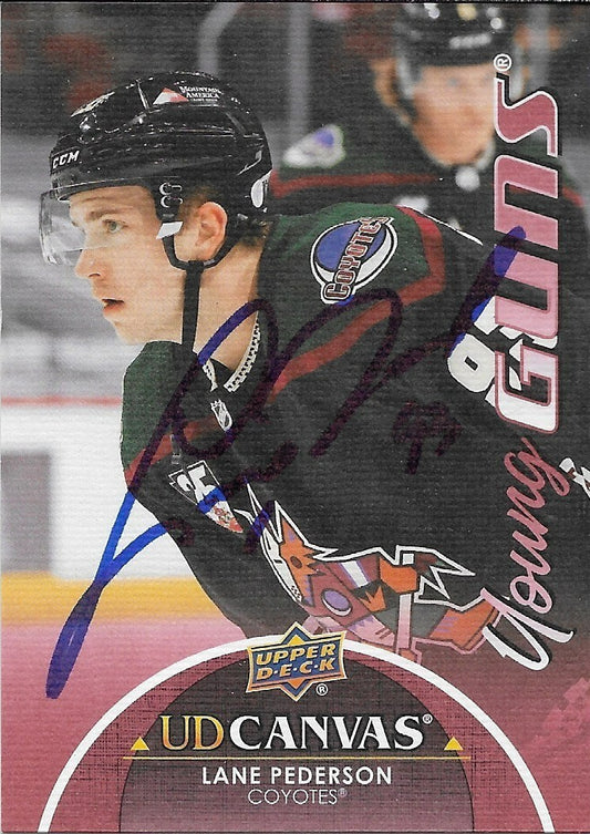 Signed Lane Pederson 2021-22 UD Young Guns Canvas Arizona Coyotes Rookie Card