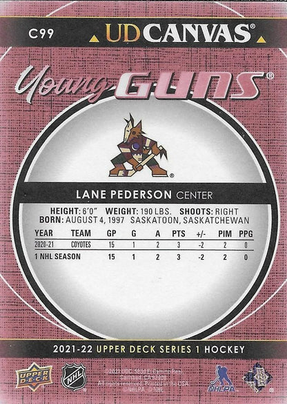 Signed Lane Pederson 2021-22 UD Young Guns Canvas Arizona Coyotes Rookie Card