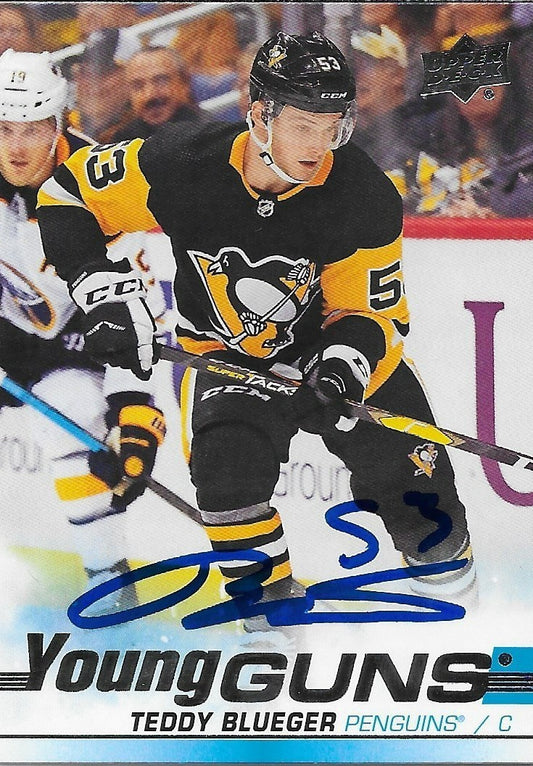 Signed Teddy Blueger 19/20 Upper Deck Young Guns Pittsburgh Penguins Rookie Card