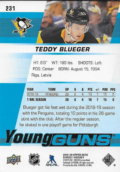 Signed Teddy Blueger 19/20 Upper Deck Young Guns Pittsburgh Penguins Rookie Card