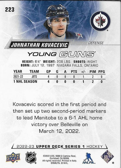 Signed Johnathan Kovacevic 2022/23 UD Young Guns Winnipeg Jets Rookie Card