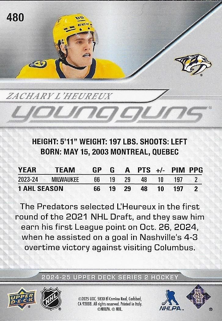 Signed Zachary L'Heureux 24/25 UD Young Guns Nashville Predators Rookie Card