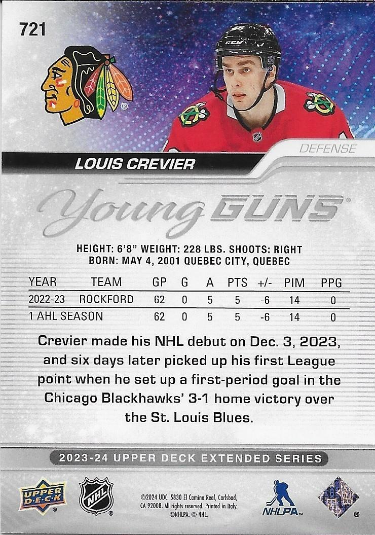 Signed Louis Crevier 23/24 UD Young Guns Chicago Blackhawks Rookie Card