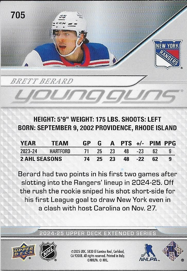 Signed Brett Berard 2024-25 UD New York Rangers Young Guns Rookie Card