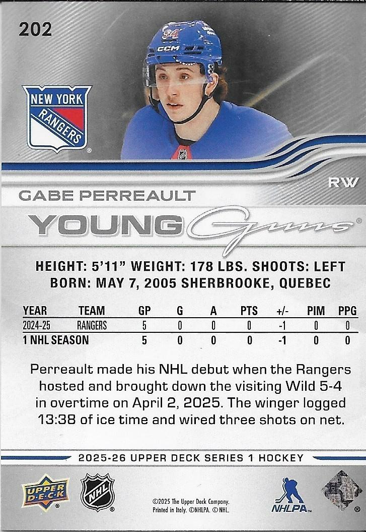 Signed Gabe Perreault 2025-26 UD Young Guns New York Rangers Rookie Card
