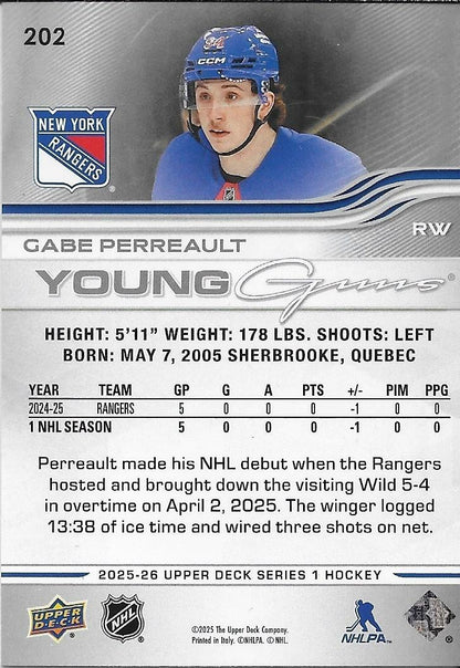 Signed Gabe Perreault 2025-26 UD Young Guns New York Rangers Rookie Card