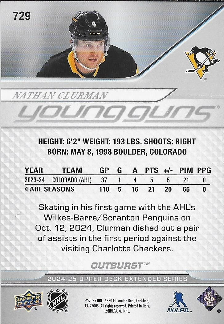 Signed Nathan Clurman Young Guns UD  24-25 Silver Outburst Penguins Rookie Card