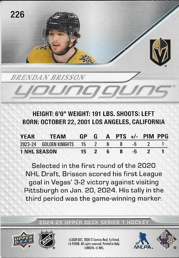 Signed Brendan Brisson Young Guns 2024-25 UD Vegas Golden Knights Rookie Card