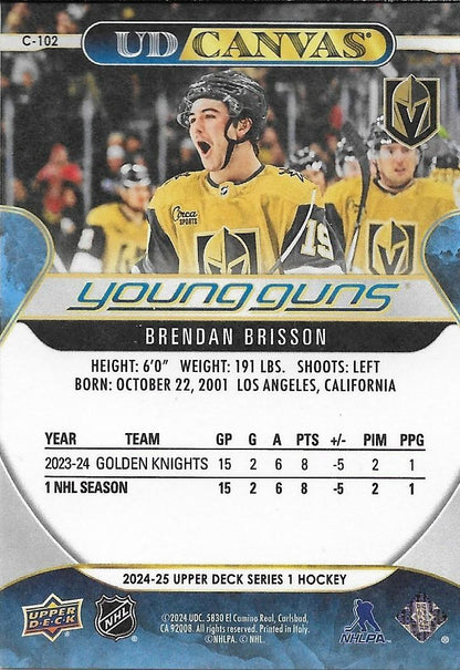 Signed Brendan Brisson Young Guns Canvas 24-25 UD Vegas Golden Knights Rookie Cd