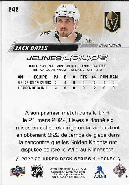 Signed Zack Hayes 22-23 UD Jeunes Loups Young Guns Vegas Golden Knights Rookie
