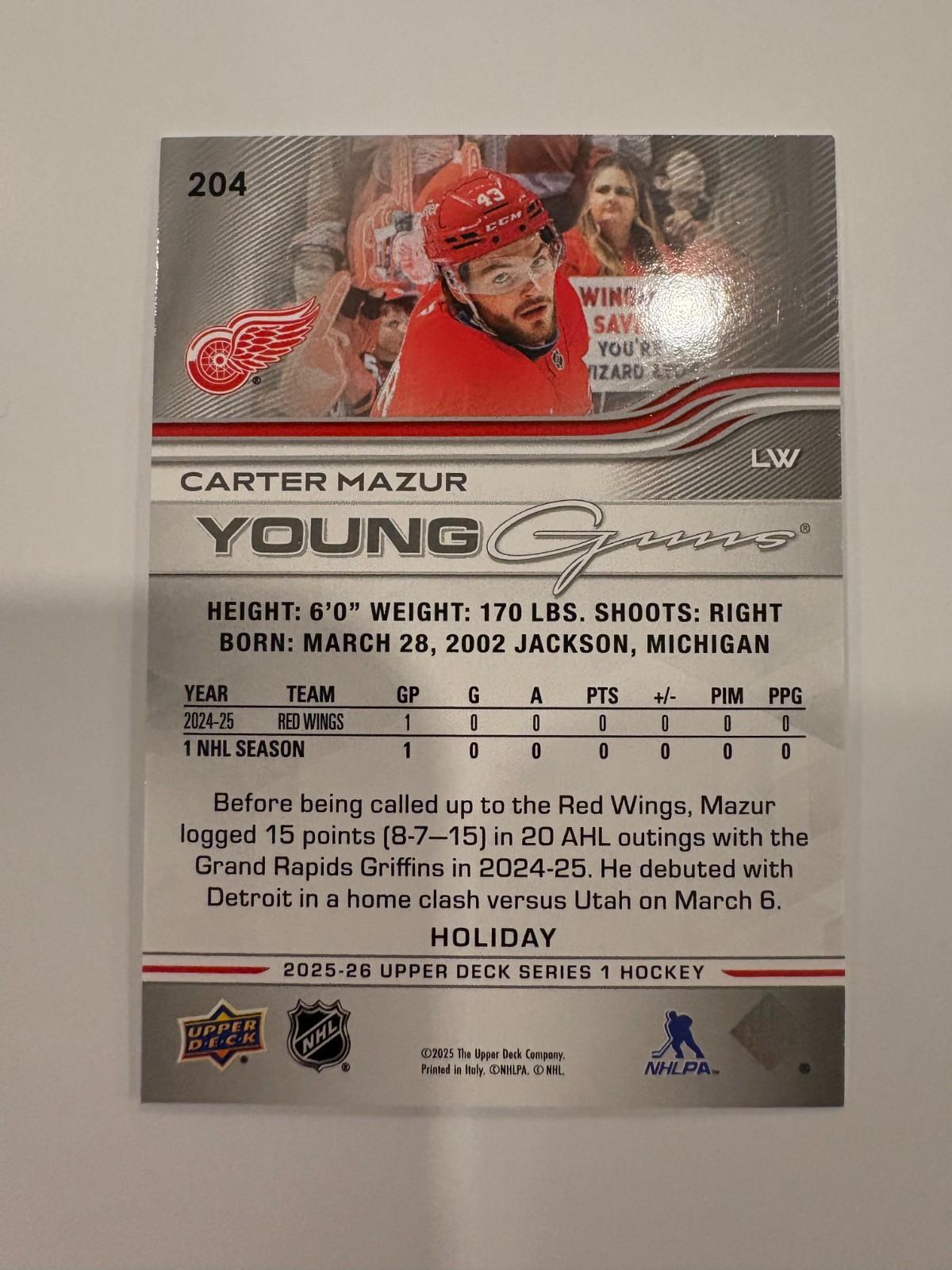 Upper Deck 2025-26 Holiday Young Guns Carter Mazur Detroit Red Wings 204