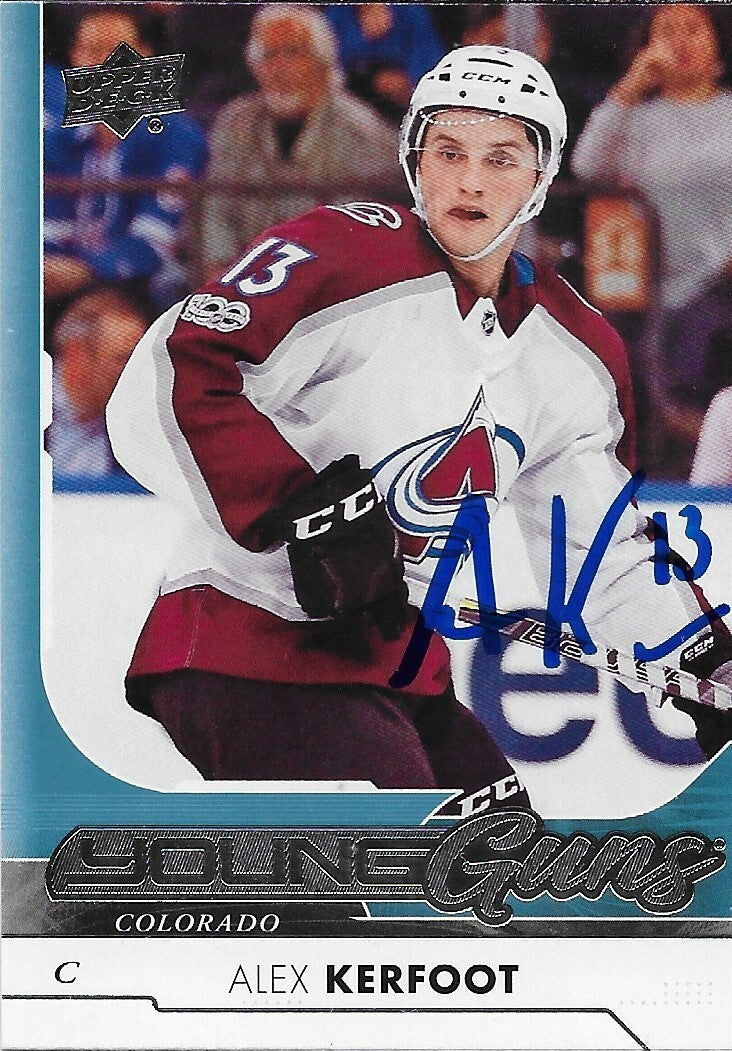 Signed Alex Kerfoot 2017-18 Upper Deck Young Guns Colorado Avalanche Rookie Card