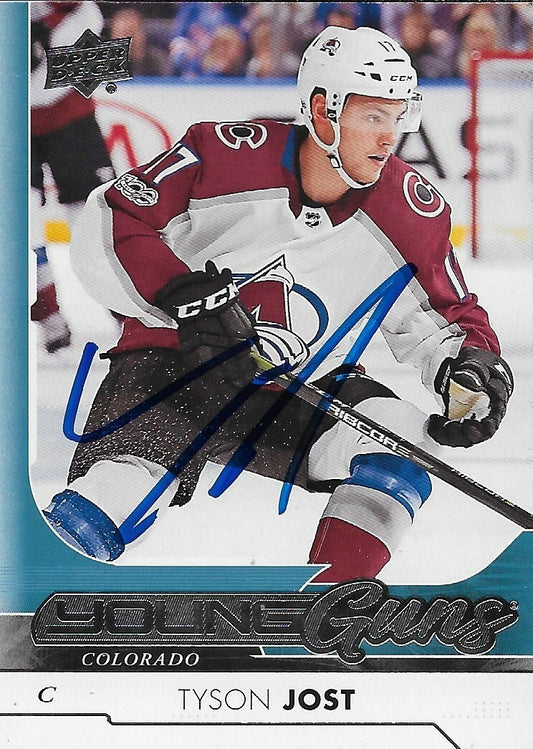 Signed Tyson Jost 2017-18 UD Young Guns Colorado Avalanche Rookie Card