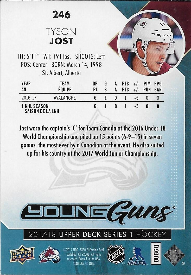 Signed Tyson Jost 2017-18 UD Young Guns Colorado Avalanche Rookie Card