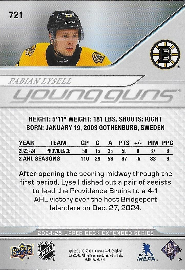 Signed Fabian Lysell Young Guns UD 2024-25 Boston Bruins Rookie Card