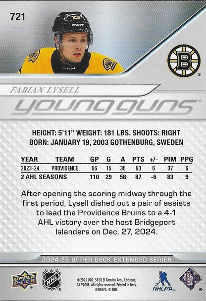 Signed Fabian Lysell Young Guns UD 2024-25 Boston Bruins Rookie Card