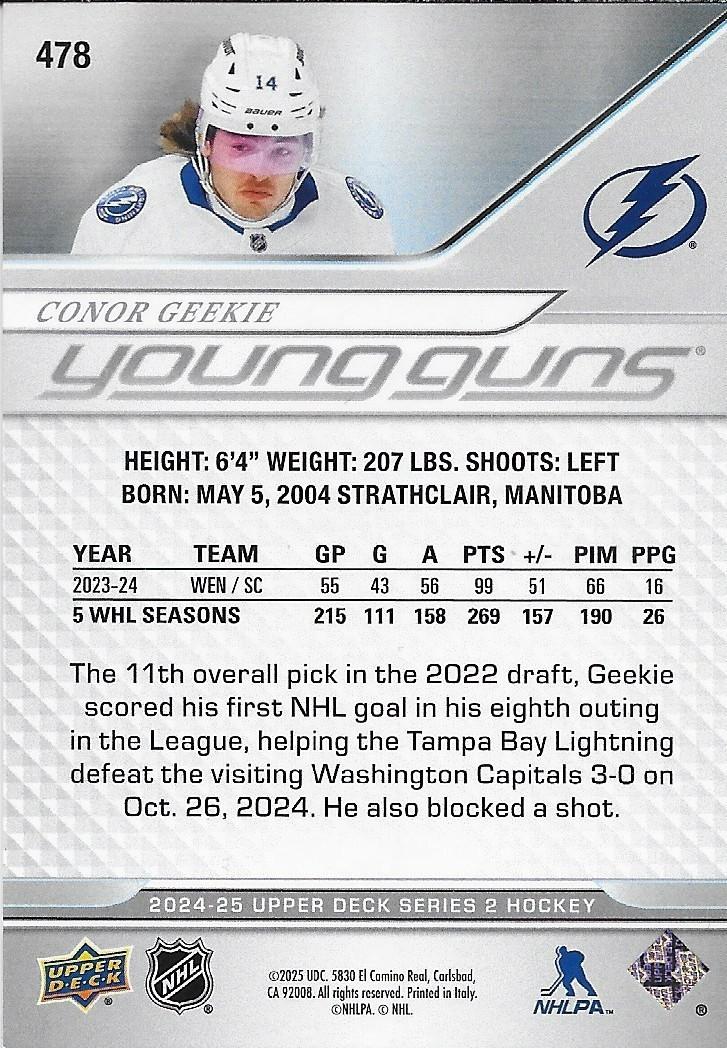 Signed Conor Geekie Young Guns 2024-25 UD Tampa Bay Lightning Rookie Card
