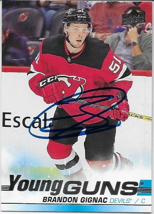 Signed  Brandon Gignac Young Guns 2019/20 UD New Jersey Devils Rookie Card