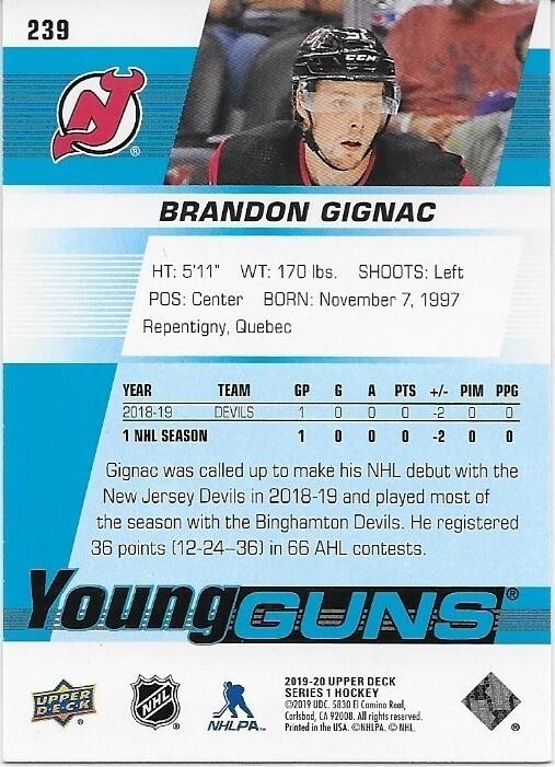 Signed  Brandon Gignac Young Guns 2019/20 UD New Jersey Devils Rookie Card