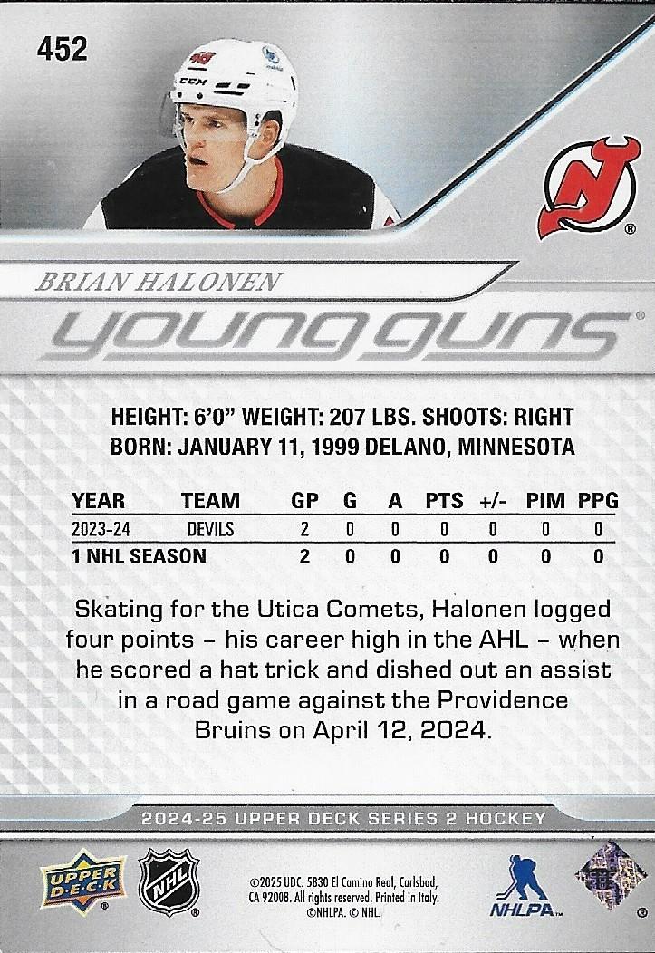 Signed Brian Halonen Young Guns 2024/25 UD New Jersey Devils Rookie Card