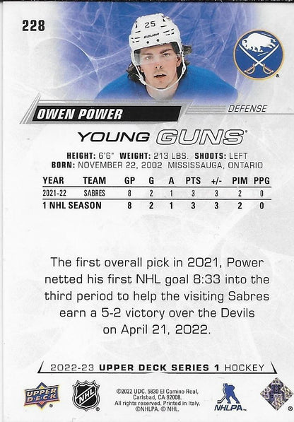 Signed Owen Power 2022-23 UD Young Guns Buffalo Sabres Rookie Card