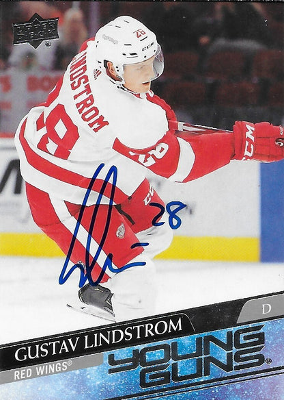 Signed Gustav Lindstrom Young Guns 2020-21 UD Detroit Red Wings Rookie Card