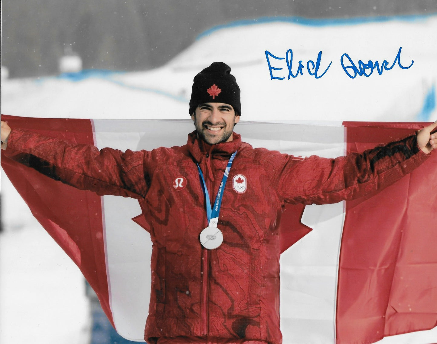 Signed Eliot Grondin 2026 Milano Cortina Olympics Snowboard 8x10 Ph. #3 Original